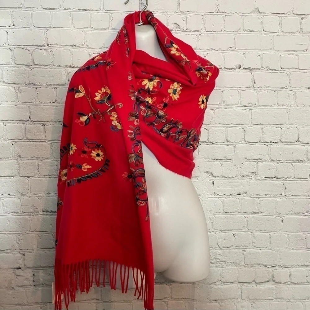 Red Embroidery Floral Flower Cashmere Long Fashion Scarf Wrap